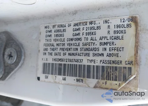 2007 Honda Accord 2.4 Vp z USA, uszkodzony, nr VIN 1HGCM56127A074637